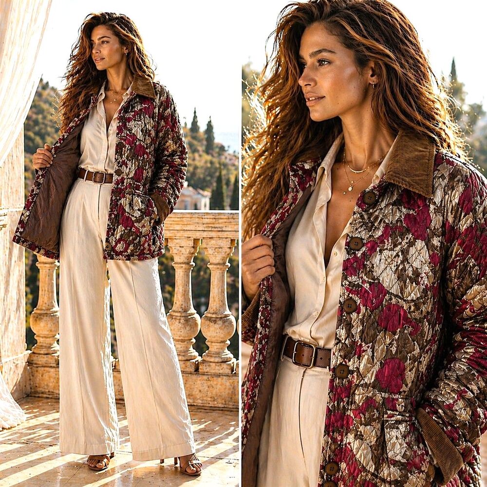 Cottagecore Silk Floral Y2K Quilted Barn Coat Sz L Corduroy Collar Quiet Luxury